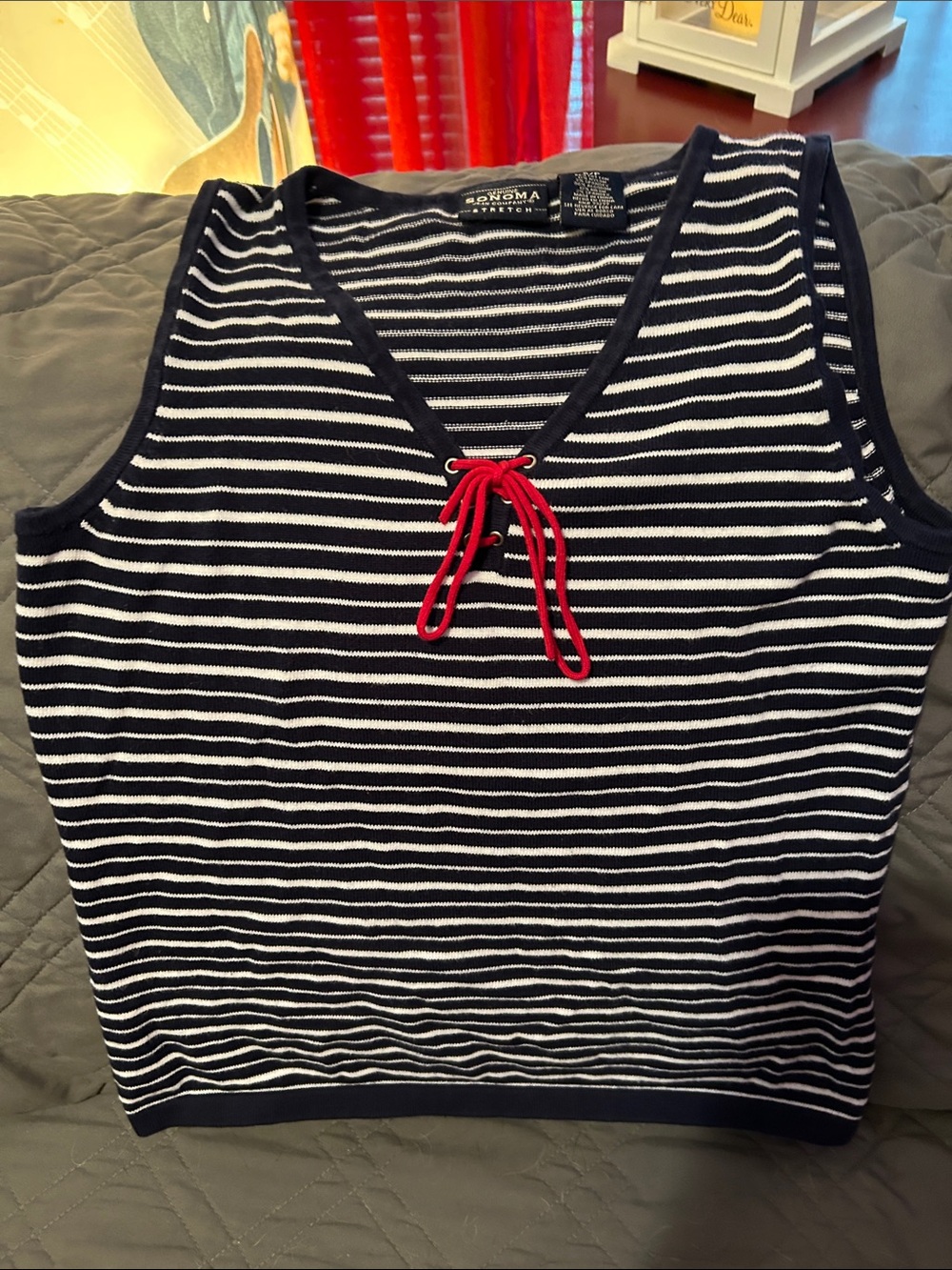 Sonoma Navy and White Striped Sleeveless Knit Top with Red Tie